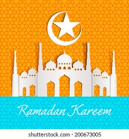 Ramazan Kareem Greeting card / Mosque and crescent moon with stars Ramazan Kareem on Islamic pattern Background / paper craft style 