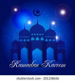 Ramazan Kareem Greeting card / Mosque and crescent moon with stars Ramazan Kareem on  creative blue background / paper craft style