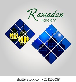 Ramazan Kareem Greeting card / Mosque and intricate arabic lamp Ramazan Kareem on  creative blue background / paper craft style