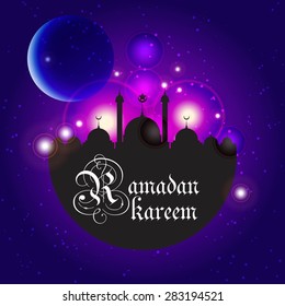 Ramazan Kareem Greeting card / Mosque and crescent moon with stars Ramazan Kareem on creative blue background / paper craft style
