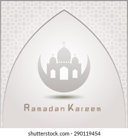 Ramazan Kareem Greeting card / Mosque with  Islamic pattern Background
