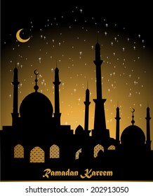 Ramazan Kareem with silhouette of Mosque or Masjid in moon light night background.