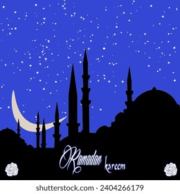 Ramazan Mubarak or Ramadan Kareem. Silhouette of Istanbul mosque and crescent moon at night. . Ramadan Kareem text in the image.