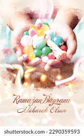 "Ramazan Bayramı Mübarek Olsun." Eid al-Fitr images and message. Colorful candies in the child's palms. "Translation: Eid al-Fitr Eid Mubarak."