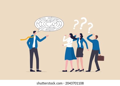 Ramble, Confused Explanation Or Bad Communication Skill, Confusion Dialogue Problem, Unclear Message Concept, Irritate Businessman Boss Explain Confused Labyrinth Maze Speech Bubble To Team Members.