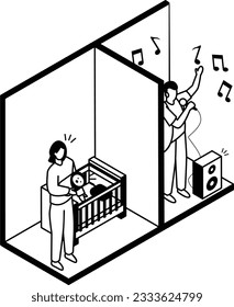 Rambunctious neighbors Vector Icon Design, neighbourhood conflicts Stock illustration, bad neighbors Symbol, Music-loving neighbors whose noise is keeping the baby awake isometric Concept