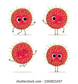 Rambutan. Cute fruit vector character set isolated on white