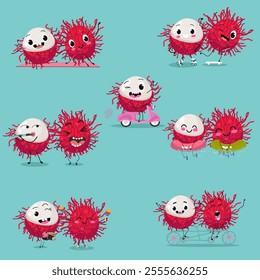 Rambutan fruit cute funny cheerful characters set. Vector hand drawn illistration.