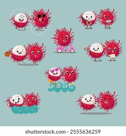 Rambutan fruit cute funny cheerful characters set. Vector hand drawn illistration.