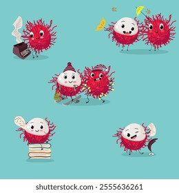 Rambutan fruit cute funny cheerful characters set. Vector hand drawn illistration.