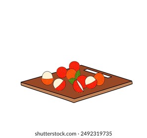 Rambutan fruits vector design latest version on cutting board. red, orange, brown colour. Peel fresh fruits. Hairy skin. Flesh of fruit. Food menu, icon. cook dessert. Asian. tropical fruit. Menu. New