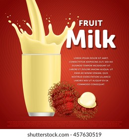 Rambutan sweet milkshake dessert cocktail glass fresh drink in cartoon vector illustration