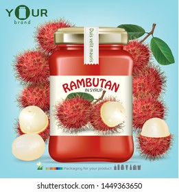 Rambutan syrup in bottles,Half rambutan.illustration