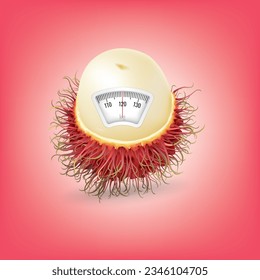 Rambutan con una escala de peso. Concepto dietético. Vector.