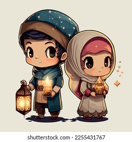 Ramdan 2023 cartoon art, illustration with a muslim family celebrating Ramadan and Eid holidays. Iftar meal, crescent, lantern, and other islamic themed objects and cartoon characters, a mosque, arab
