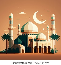 Ramdan 2023 cartoon art, illustration with a muslim family celebrating Ramadan and Eid holidays. Iftar meal, crescent, lantern, and other islamic themed objects and cartoon characters, a mosque, arab