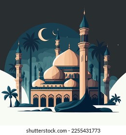 Ramdan 2023 cartoon art, illustration with a muslim family celebrating Ramadan and Eid holidays. Iftar meal, crescent, lantern, and other islamic themed objects and cartoon characters, a mosque, arab