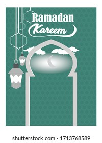 
Ramdan kareem. decoration of mosque doors with lanterns. Vector illustration.