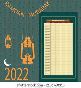 RAMDAN MUBARAK 2022 CALENDER CHART PRAYER TIMINGS IFATR SEHAR TIME DAYS DATE VECTOR ILLUSTRATION DESIGN TEMPLTE BACKGROUND BANNER POSTER CARD MUSLIM RELIGION CULTURE NEW 