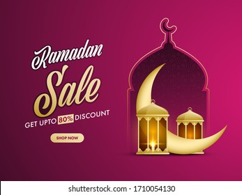 Ramdan Sale concept with illustration of golden crescent moon, lanterns, mosque on fuchsia color background.