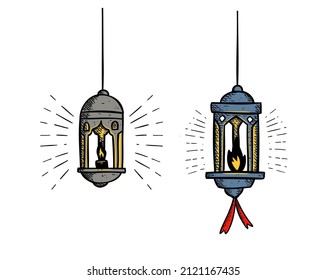 Linterna de lámparas Ramhan iluminada con un boceto de fuego estilo de dibujo conjunto colección de ilustraciones