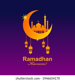 ramdhan night with mosque and crescent moon logo design