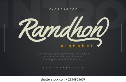 Ramdhon abstract Fashion font alphabet. Minimal modern urban fonts for logo, brand etc. Typography typeface uppercase lowercase and number. vector illustration