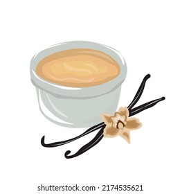 Ramekin with tasty vanilla pudding on white background