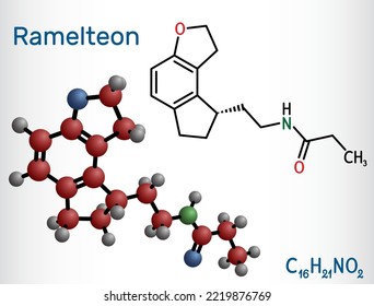 Ramelteon molecule. It is sleep agent, melatonin receptor agonist used to treat insomnia. Structural chemical formula, molecule model. Vector illustration