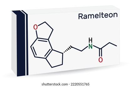 Ramelteon molecule. It is sleep agent, melatonin receptor agonist used to treat insomnia. Skeletal chemical formula. Paper packaging for drugs. Vector illustration
