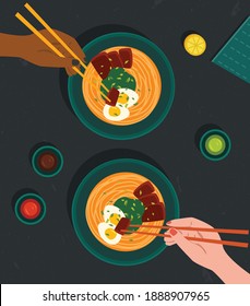 Ramen. Asian ramen soup. Delicious ramen broth with ingredients banner ad. People holding chopstick eating ramen at restaurant. Top view. Japanese cuisine. Flat cartoon colorful vector illustration.