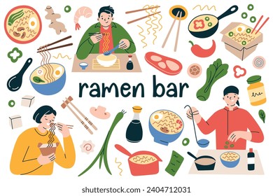 Colección de barras de ramen, gente comiendo sopa de fideos chinos, ilustraciones vectoriales de la cocina japonesa, ingredientes de ramen con letras, palillos y pezones doodles, menú saludable en el restaurante coreano