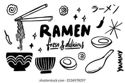 Ramen black sketch doodles, hand drawings, simple and trendy graphics. Noodle bowl, hanging on chopsticks, ingredients.