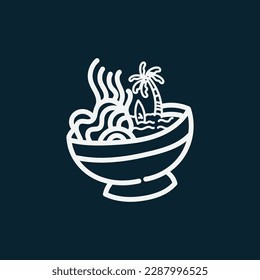 Ramen bowl and the beach in monoline badge design