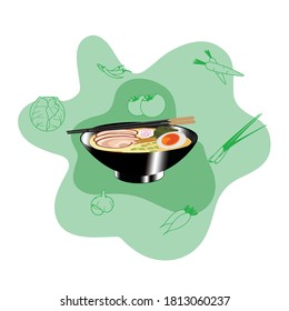Ramen bowl and black chopsticks many kinds of vegetables  Vector illustration in flat cartoon style