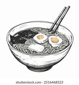 Ramen bowl. Black and white hand-drawn illustration.