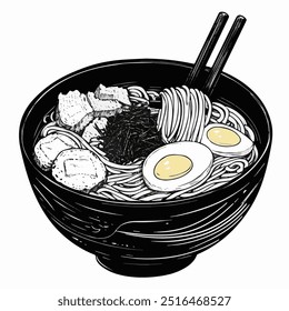 Ramen bowl. Black and white hand-drawn illustration.