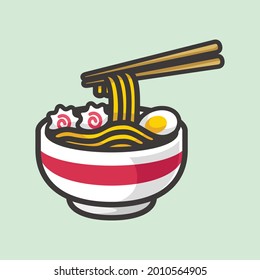 Ramen in the bowl cartoon style line art illustration design vector