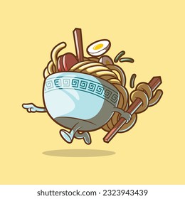 Carácter de tazón de ramen corriendo sujetando palillos de ilustración vectorial. Comida, marca, concepto de mascota.