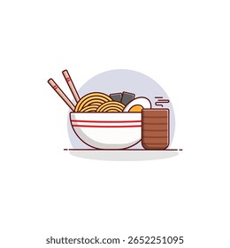 Ramen em Bowl com Chopstick e Tea Vetor Illustration. Design Japonês de Conceito Alimentar