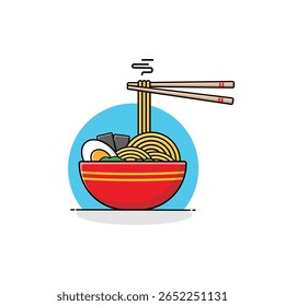 Ramen em Bowl com Chopstick Vetor Illustration. Design Japonês de Conceito Alimentar