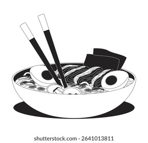 Ramen bowl with chopsticks 2D line object. Asian soup noodles, boiled eggs, pork slices, vegetables, seaweed garnish dish isolated clipart vector ink outline item. Monochrome spot illustration