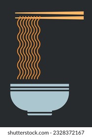 Ramen bowl with chopsticks. Geometric shapes poster design. Minimalism. Asian restaurant decoration