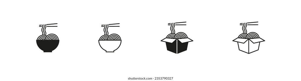 Ramen bowl with chopsticks vector icon. Asian food noodles flat and outline icons.