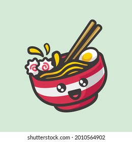 Ramen in the bowl cute charcter cartoon style line art illustration design vector