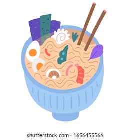 Ramen bowl doodle illustration, japanese food, flat cartoon vector art, traditional asian noodle soup with chopsticks. Ramen shop or asian cafe dish. Good for menu, logo or icon