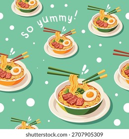 Ramen Bowl Doodle Vector Seamless Pattern 
