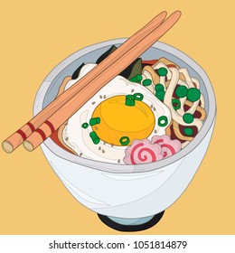 Ramen bowl with egg and fish cakes with outlines