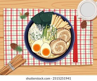 Ramen bowl with eggs, mushrooms, and vegetables