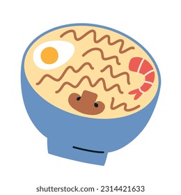 Ramen bowl icon, vector doodle illustration of Asian noodle soup with broth, delicious ethnic dish with boiled egg, shrimps and mushrooms, tasty noodles, Korean and Chinese cuisine, isolated